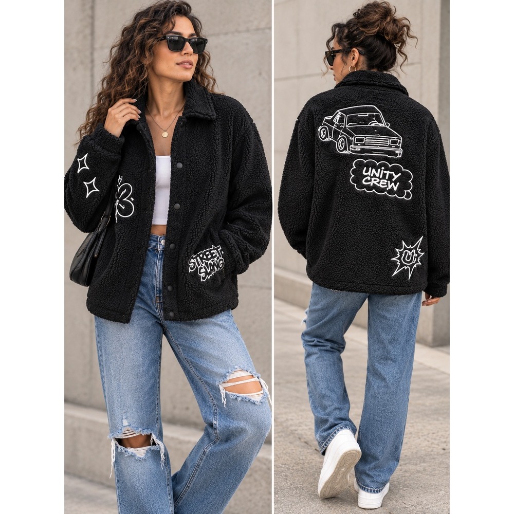 Zara Black Sherpa Fleece Unity Crew Graphic Jacket Streetwear Shacket L-XL